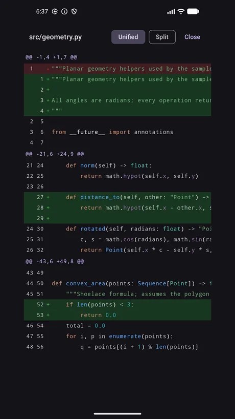 A unified diff with three hunks and syntax highlighting inside the diff