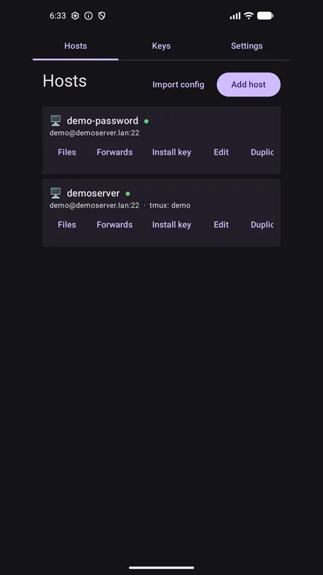 Two configured hosts, both showing a live connected indicator